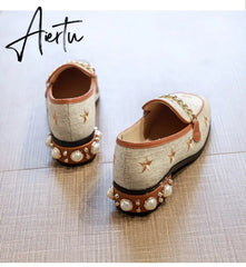 New Women Casual Shoes Pumps Spring Fashion Girl Star Embroidery Pearl Flax Chain High Heel Shoes Slip-on Loafers Aiertu