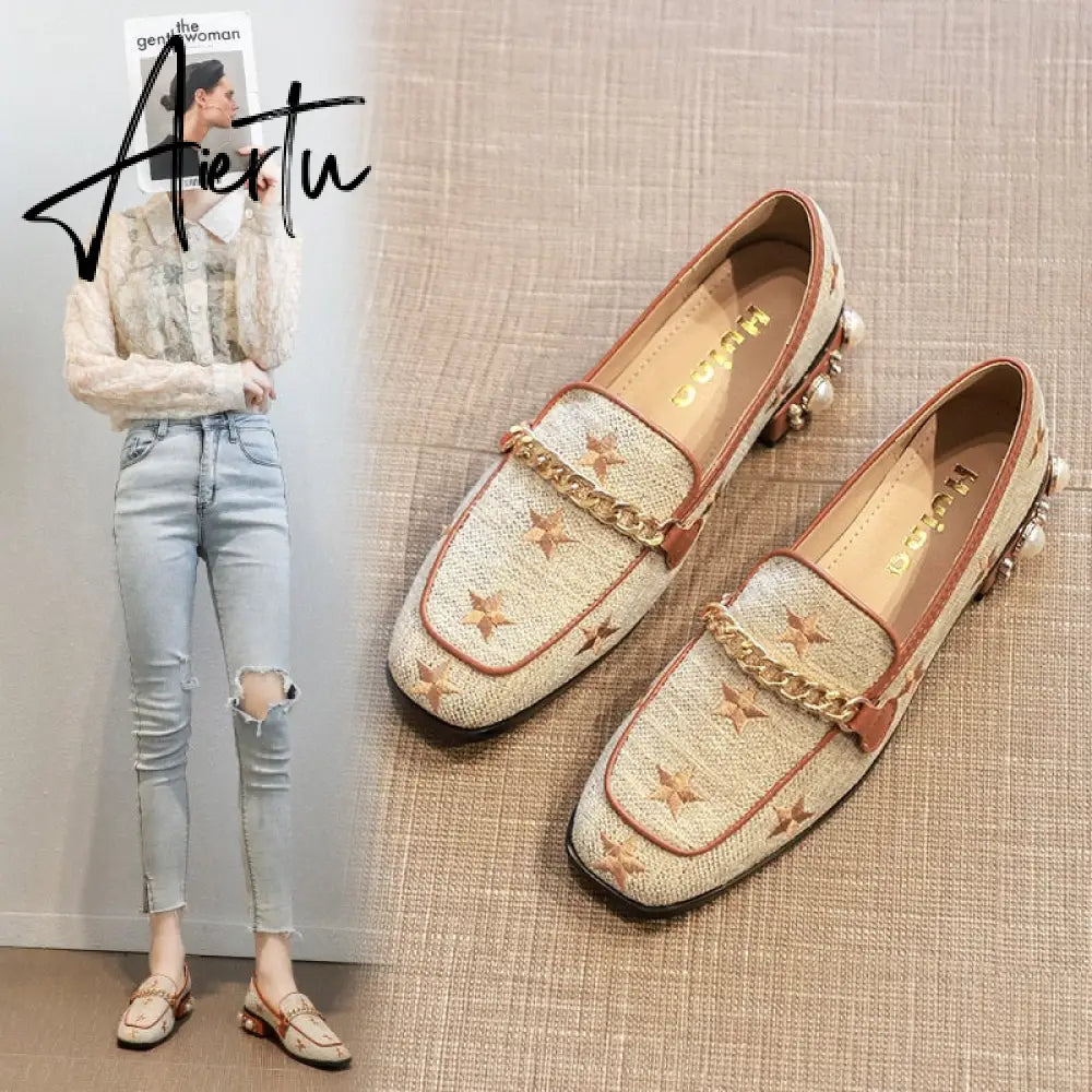 New Women Casual Shoes Pumps Spring Fashion Girl Star Embroidery Pearl Flax Chain High Heel Shoes Slip-on Loafers Aiertu
