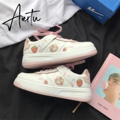 New Women Cute Cartoon Little Bear Strawberry Flat Kawaii Shoes Japanese Female Platform Casual Tennis Vulcanized Sneakers Aiertu