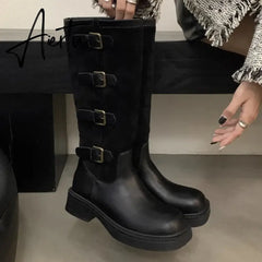 New Women Knee High Chelsea Boots Flats Casual Shoes Winter Designer Platform High Boots Goth Shoes Motorcycle Snow Botas Aiertu