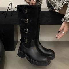 New Women Knee High Chelsea Boots Flats Casual Shoes Winter Designer Platform High Boots Goth Shoes Motorcycle Snow Botas Aiertu