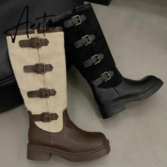 New Women Knee High Chelsea Boots Flats Casual Shoes Winter Designer Platform High Boots Goth Shoes Motorcycle Snow Botas Aiertu