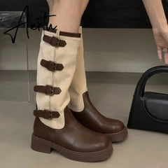 New Women Knee High Chelsea Boots Flats Casual Shoes Winter Designer Platform High Boots Goth Shoes Motorcycle Snow Botas Aiertu