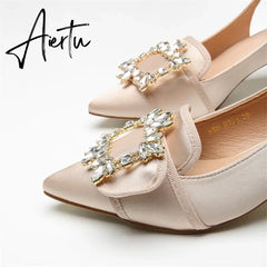 New Women Pumps Sexy Pointed Toe Slingback Gladiator Sandals Rhinestone Chunky High Heel Dress Shoes Ladies Valentine Shoes Aiertu