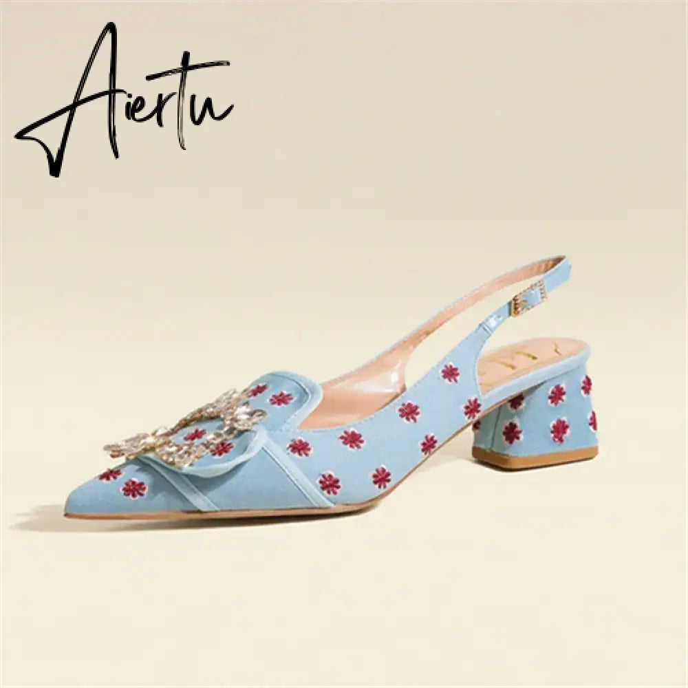 New Women Pumps Sexy Pointed Toe Slingback Gladiator Sandals Rhinestone Chunky High Heel Dress Shoes Ladies Valentine Shoes Aiertu