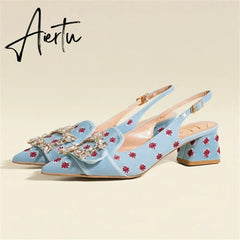 New Women Pumps Sexy Pointed Toe Slingback Gladiator Sandals Rhinestone Chunky High Heel Dress Shoes Ladies Valentine Shoes Aiertu