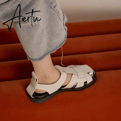 New Women Sandals Real Leather Ins Summer Shoes Women Roman Fashion Daily Vacation Female Footwear Size 34-42 Women Shoes Aiertu