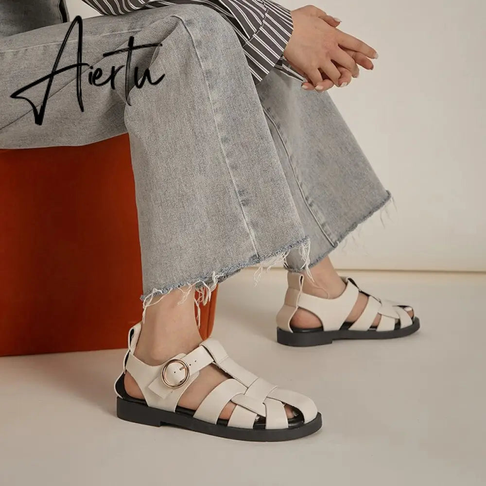 New Women Sandals Real Leather Ins Summer Shoes Women Roman Fashion Daily Vacation Female Footwear Size 34-42 Women Shoes Aiertu