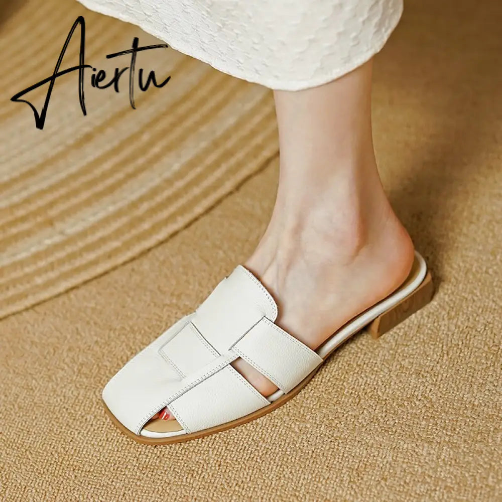 New Women Sandals Rome Style Mules Casual Slippers Spring Summer Low Heels Genuine Leather Shoes Woman Fashion Concise Aiertu