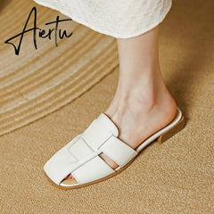 New Women Sandals Rome Style Mules Casual Slippers Spring Summer Low Heels Genuine Leather Shoes Woman Fashion Concise Aiertu