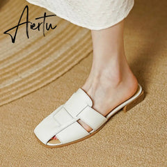 New Women Sandals Rome Style Mules Casual Slippers Spring Summer Low Heels Genuine Leather Shoes Woman Fashion Concise Aiertu