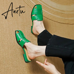 New Women Sandals Rome Style Mules Casual Slippers Spring Summer Low Heels Genuine Leather Shoes Woman Fashion Concise Aiertu