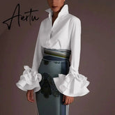 New Women Shirts Spring Summer Sexy Turn-down Collar Flare Sleeve Party Tops Office Shirt Casual Blusas Aiertu