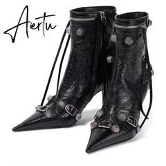 New Women Slim High Heel Metal Buckle Chain Luxury Shoes Fashion Comfortable Pointed Toe Ankle Boots Stiletto Party Short Boots Aiertu