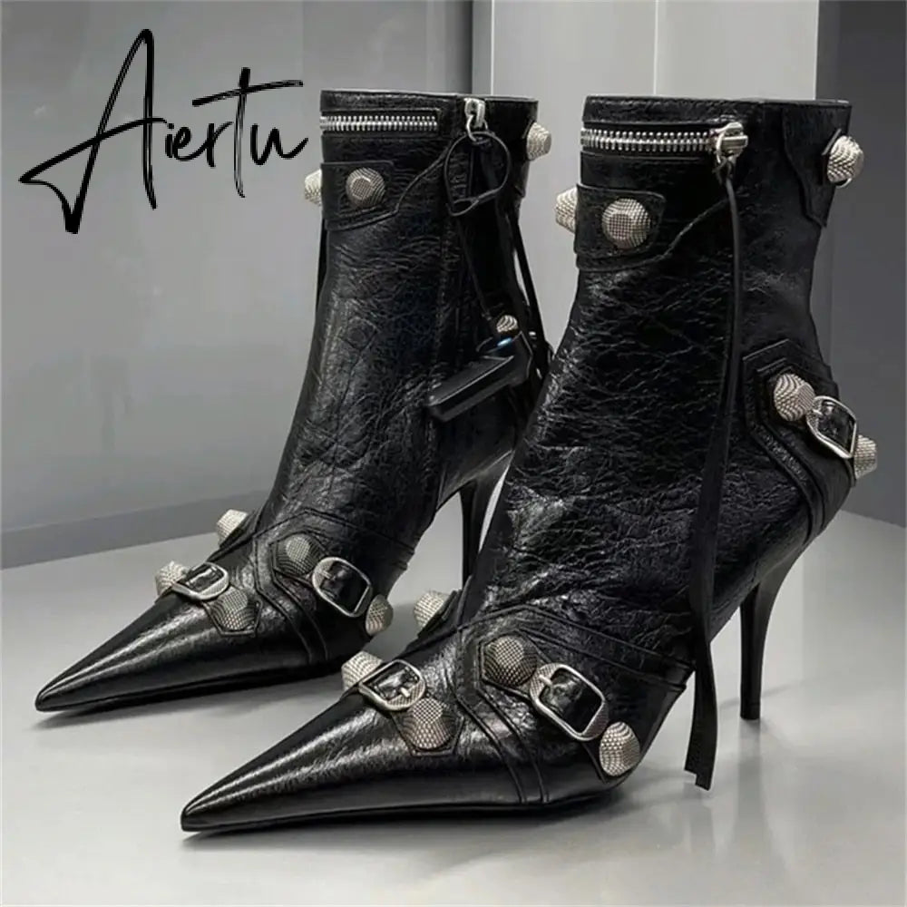 New Women Slim High Heel Metal Buckle Chain Luxury Shoes Fashion Comfortable Pointed Toe Ankle Boots Stiletto Party Short Boots Aiertu
