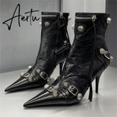 New Women Slim High Heel Metal Buckle Chain Luxury Shoes Fashion Comfortable Pointed Toe Ankle Boots Stiletto Party Short Boots Aiertu