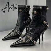 New Women Slim High Heel Metal Buckle Chain Luxury Shoes Fashion Comfortable Pointed Toe Ankle Boots Stiletto Party Short Boots Aiertu