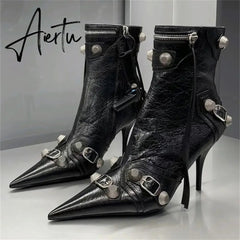 New Women Slim High Heel Metal Buckle Chain Luxury Shoes Fashion Comfortable Pointed Toe Ankle Boots Stiletto Party Short Boots Aiertu