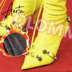 New Women Slim High Heel Metal Buckle Chain Luxury Shoes Fashion Comfortable Pointed Toe Ankle Boots Stiletto Party Short Boots Aiertu