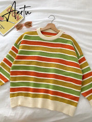 New Women Stripe Sweater Autumn Winter Loose Long Sleeve Pullover Tops Korean Ladies Knitted Patchwork Korean Sweaters Aiertu