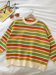 New Women Stripe Sweater Autumn Winter Loose Long Sleeve Pullover Tops Korean Ladies Knitted Patchwork Korean Sweaters Aiertu