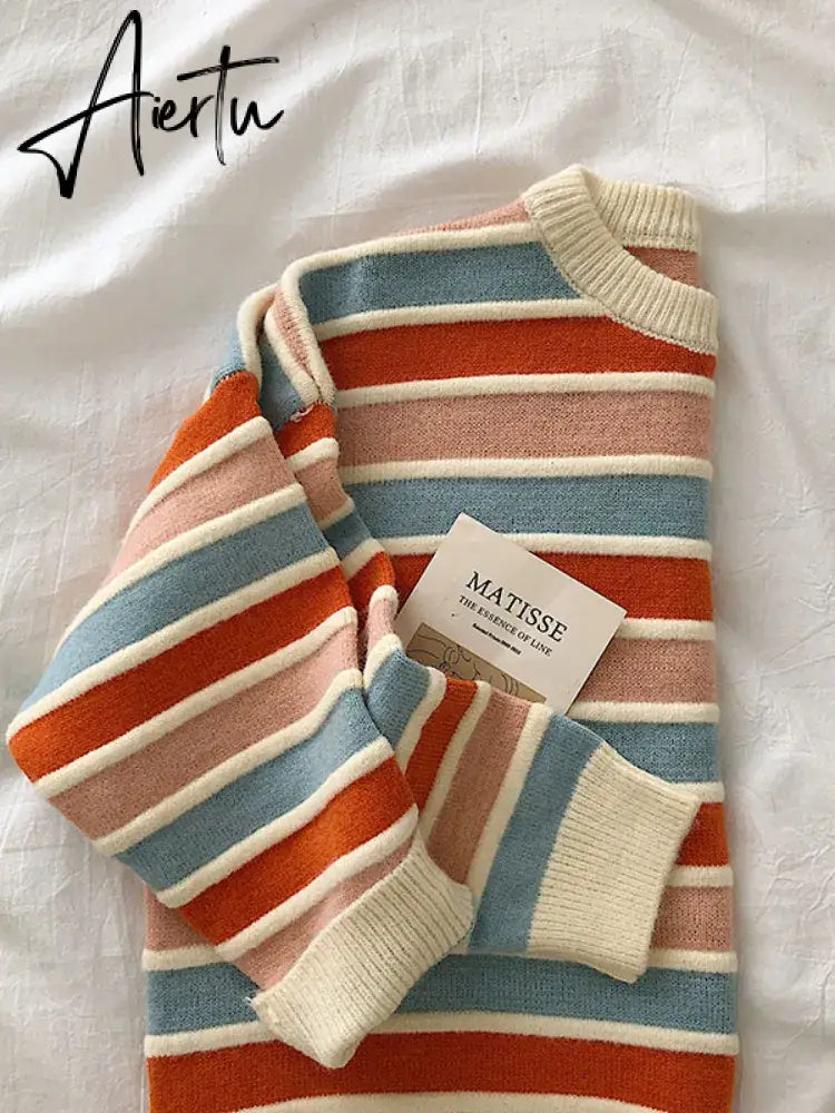 New Women Stripe Sweater Autumn Winter Loose Long Sleeve Pullover Tops Korean Ladies Knitted Patchwork Korean Sweaters Aiertu