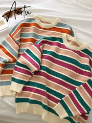 New Women Stripe Sweater Autumn Winter Loose Long Sleeve Pullover Tops Korean Ladies Knitted Patchwork Korean Sweaters Aiertu