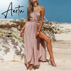 New Women Summer Boho Maxi Long Dress Evening Party Beach Dresses Sundress Backless Halter Dress Summer Aiertu