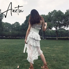 New Women Summer Lace Dress Female Spaghetti Strap Irregular See Through Mini Dress Lady Club White Patchwork Runway Sexy Dress Aiertu