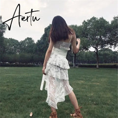 New Women Summer Lace Dress Female Spaghetti Strap Irregular See Through Mini Dress Lady Club White Patchwork Runway Sexy Dress Aiertu