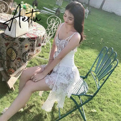 New Women Summer Lace Dress Female Spaghetti Strap Irregular See Through Mini Dress Lady Club White Patchwork Runway Sexy Dress Aiertu