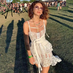 New Women Summer Lace Dress Female Spaghetti Strap Irregular See Through Mini Dress Lady Club White Patchwork Runway Sexy Dress Aiertu