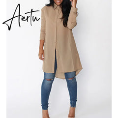 New Women Summer Loose Casual Blouse Shirts Blusas Solid Long Sleeve Shirt Button Back Asymmetric Ladies Top Plus Size 2 XL Aiertu