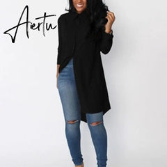 New Women Summer Loose Casual Blouse Shirts Blusas Solid Long Sleeve Shirt Button Back Asymmetric Ladies Top Plus Size 2 XL Aiertu
