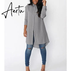 New Women Summer Loose Casual Blouse Shirts Blusas Solid Long Sleeve Shirt Button Back Asymmetric Ladies Top Plus Size 2 XL Aiertu