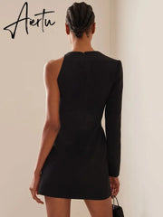 New Women's One Shoulder Long Sleeve Mesh Patch Diamond Club Evening Sexy Party Mini Bandage Dress Vestidos Aiertu