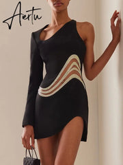 New Women's One Shoulder Long Sleeve Mesh Patch Diamond Club Evening Sexy Party Mini Bandage Dress Vestidos Aiertu