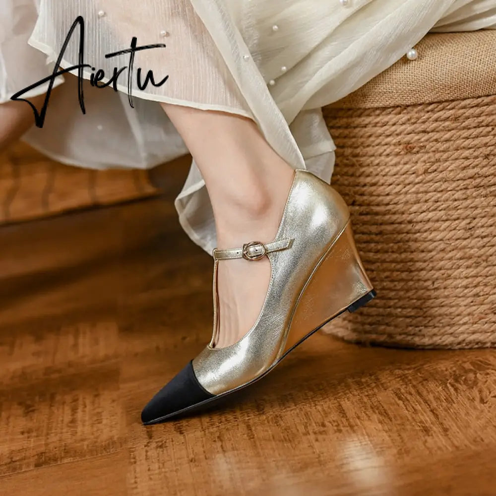 New Women's pumps Natural Leather 22-25cm Cowhide upper Wedge heel pointed toe stitching shoes Mary Jane shoes full leather Aiertu