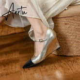 New Women's pumps Natural Leather 22-25cm Cowhide upper Wedge heel pointed toe stitching shoes Mary Jane shoes full leather Aiertu
