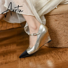 New Women's pumps Natural Leather 22-25cm Cowhide upper Wedge heel pointed toe stitching shoes Mary Jane shoes full leather Aiertu