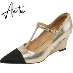 New Women's pumps Natural Leather 22-25cm Cowhide upper Wedge heel pointed toe stitching shoes Mary Jane shoes full leather Aiertu