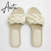 New Women's Slippers White Pearl Woven With Cotton And Linen Flat Bottom Outdoor Simple Versatile Soft Sole Sandals Aiertu