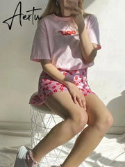 New Y2k Satin Floral Mini Skirts With Shorts High Waist Pink Summer Boho Sweet Style Skirt For Women Harajuku E-girl Aiertu