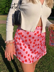 New Y2k Satin Floral Mini Skirts With Shorts High Waist Pink Summer Boho Sweet Style Skirt For Women Harajuku E-girl Aiertu