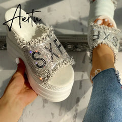 Newest Drop Ship Crystals Wedges High Heels Leisure Summer Sandal Woman Shoes Women Platform Mules Slippers Aiertu
