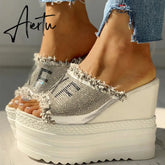 Newest Drop Ship Crystals Wedges High Heels Leisure Summer Sandal Woman Shoes Women Platform Mules Slippers Aiertu