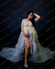 Newest Hi Low Gradient Colorful Tulle Dresses Front Open Tiered Ruffled Sleeves Long Maternity Robes With Train For Photography Aiertu