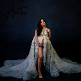 Newest Hi Low Gradient Colorful Tulle Dresses Front Open Tiered Ruffled Sleeves Long Maternity Robes With Train For Photography Aiertu