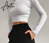 O Neck Long Sleeve Shirt Women Ribbed Sexy Cropped Tops Spring Black Casual Skinny Slim Basic Woman T Shirts White Aiertu