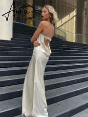 Off Shoulder Strapless Sleeveless Solid Evening Long Dress For Women New Satin Backless Slim Party Clubwear Aiertu